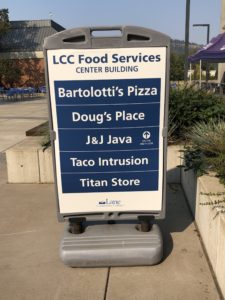 A blue and white sign that says, LCC Food Services Center Building. Below that are five locations: Bartolotti's Pizza, Doug's Place, J&J Java, Taco Intrusion, and Titan Store. The LCC logo is visible at the bottom of the sign
